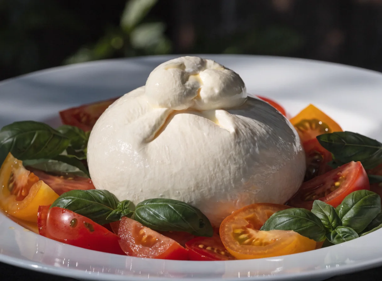 Fresh burrata cheese with heirloom tomatoes