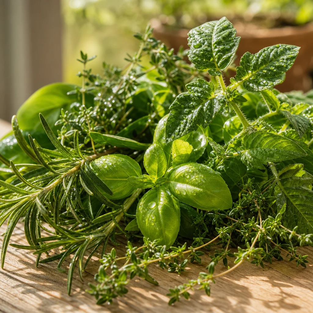 Bundles of fresh basil, rosemary, and thyme