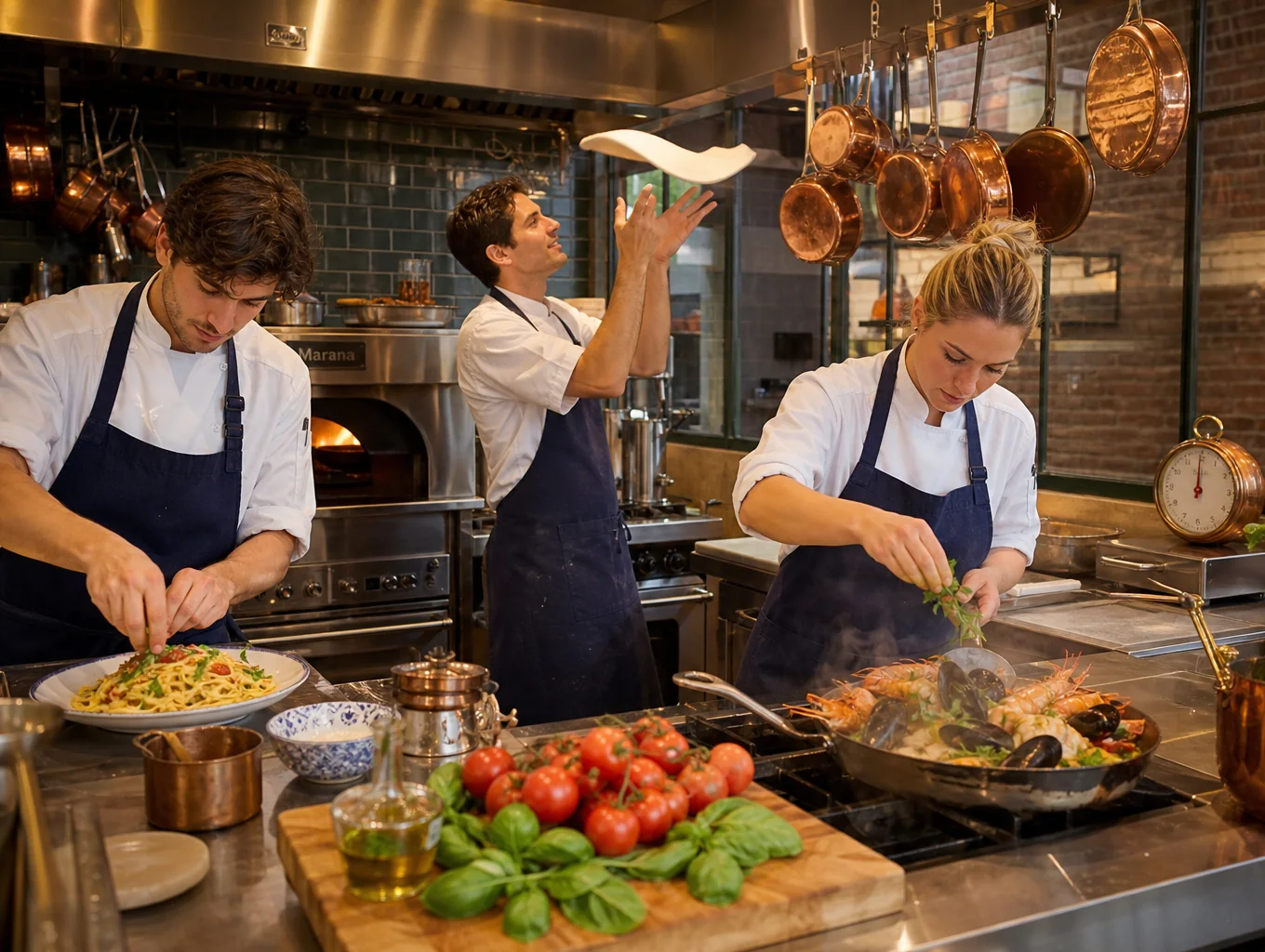 Chefs working in the open kitchen pass