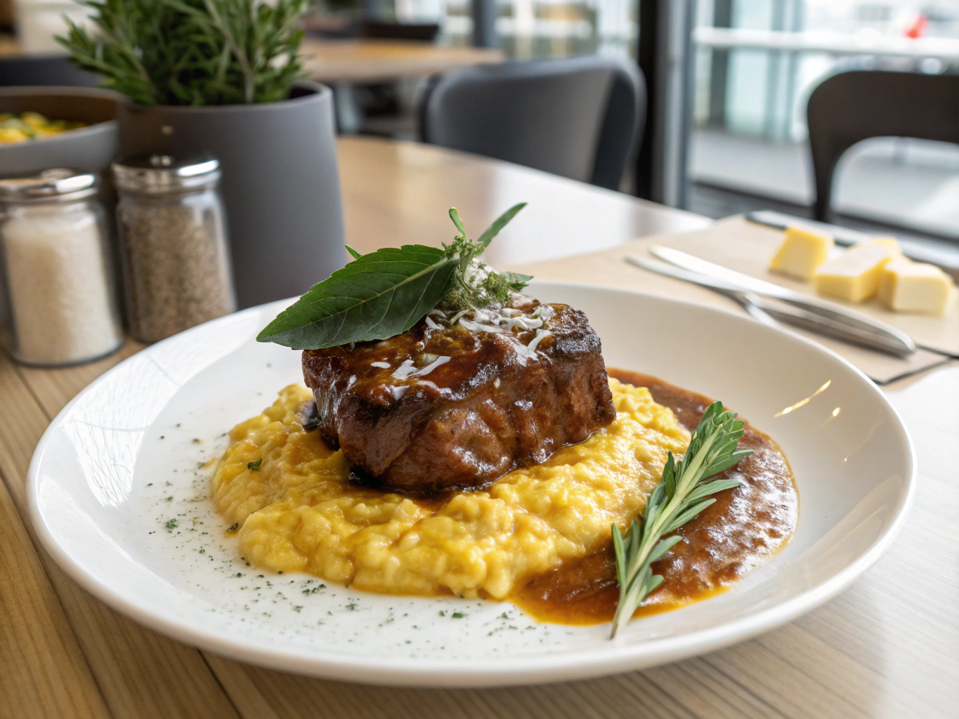 Osso buco served with saffron risotto