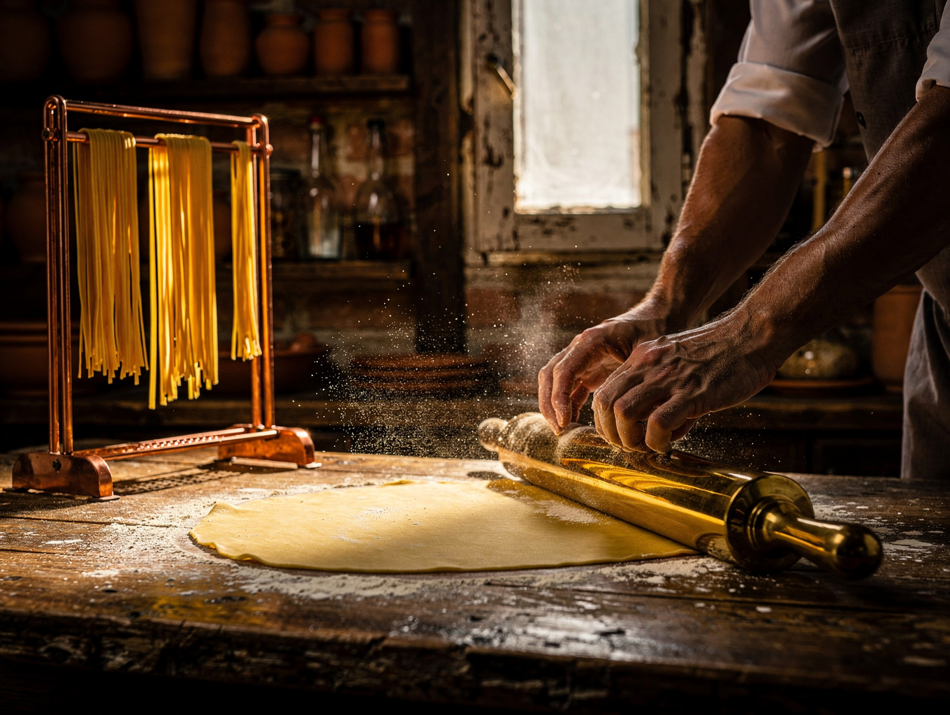 Fresh handmade pasta on flour-dusted wooden bench