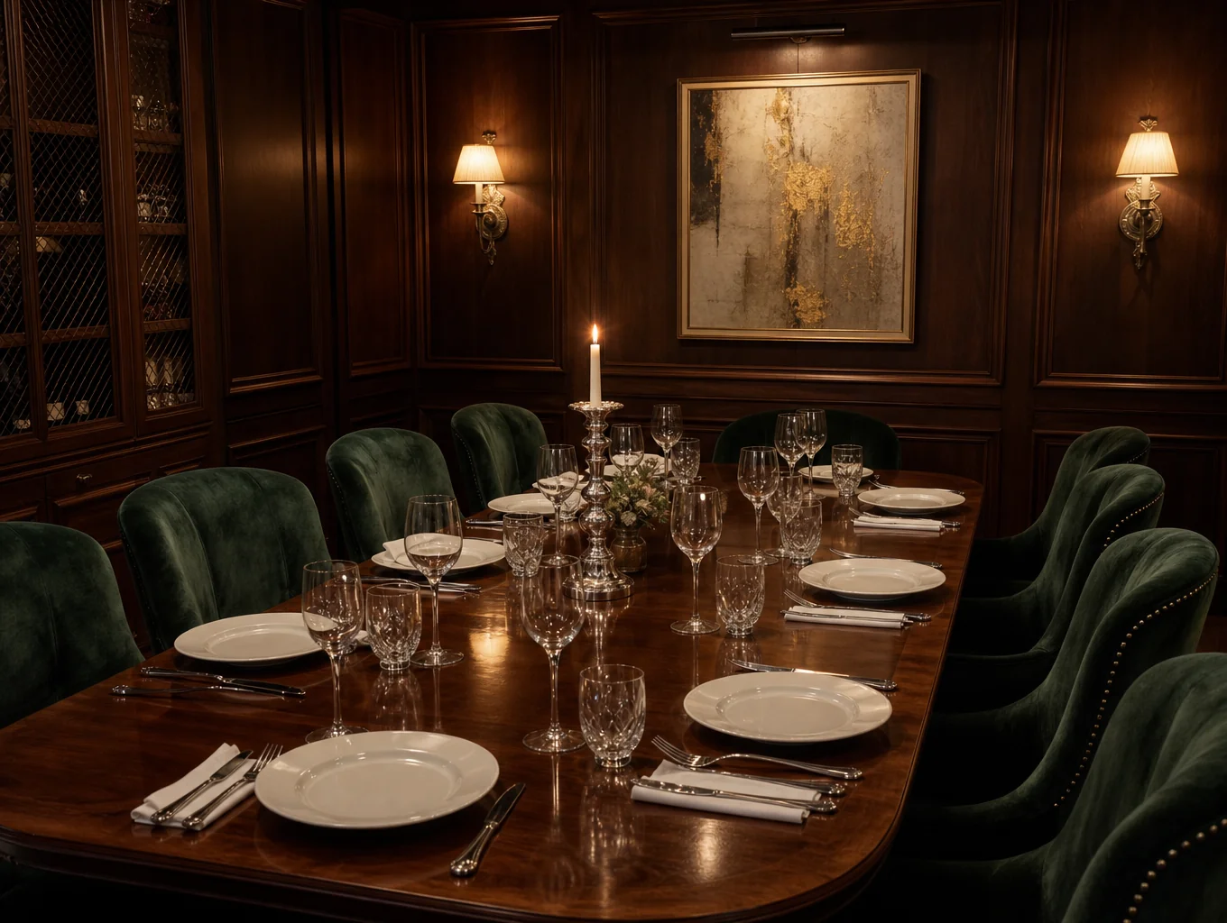 Private dining room with candlelit table setting