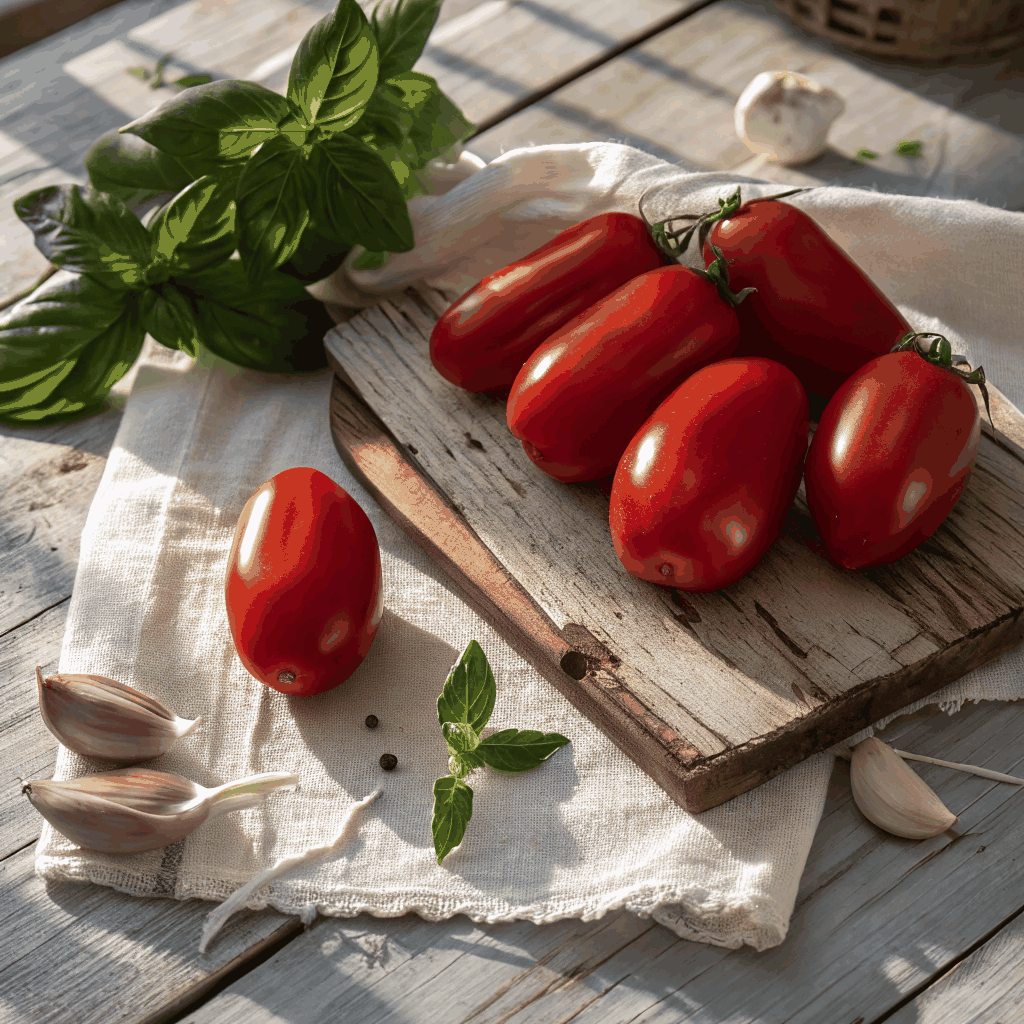 Freshly picked San Marzano tomatoes on the vine