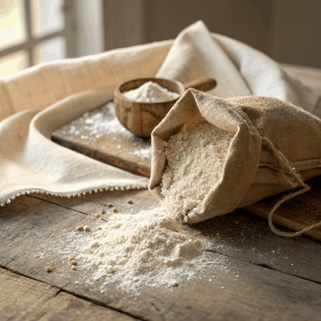 Organic stone-ground flour in a rustic wooden bowl