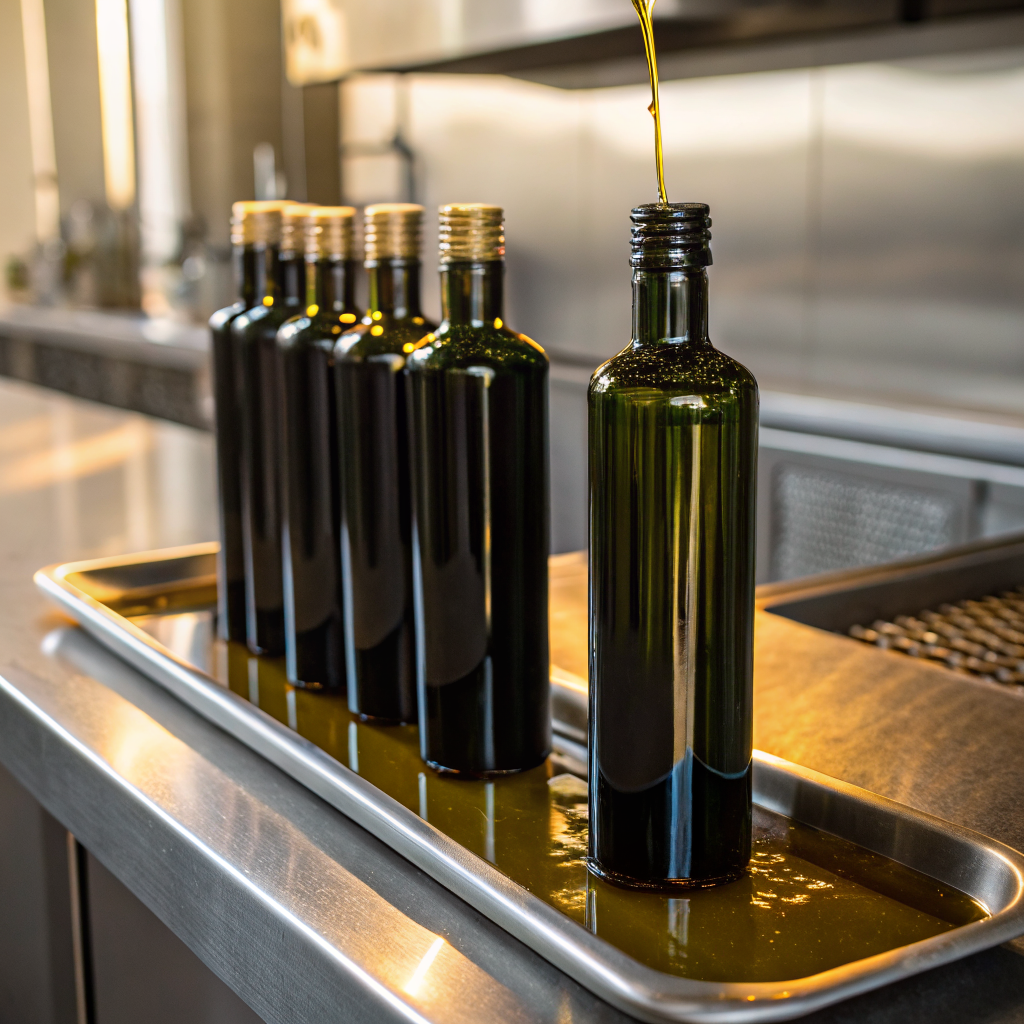 Golden olive oil being poured into a glass cruet