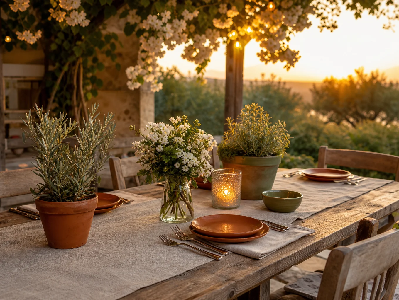 Veranda with lush greenery and warm lighting